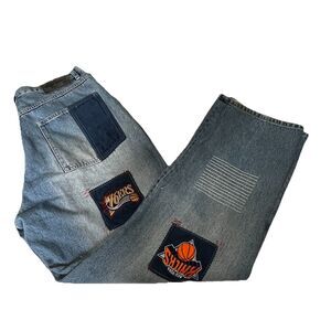Vintage Y2K UNK NBA Jeans Mens Patches Baggy Wide Leg Distressed 35X32